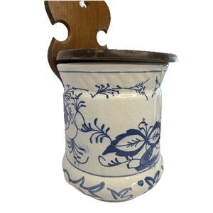 Vintage Wooden & Ceramic Salt Box‎ Wall Hanging With Lid White & Blue Pattern